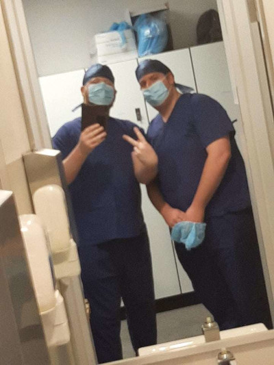 My housemate and I in full hospital scrubs